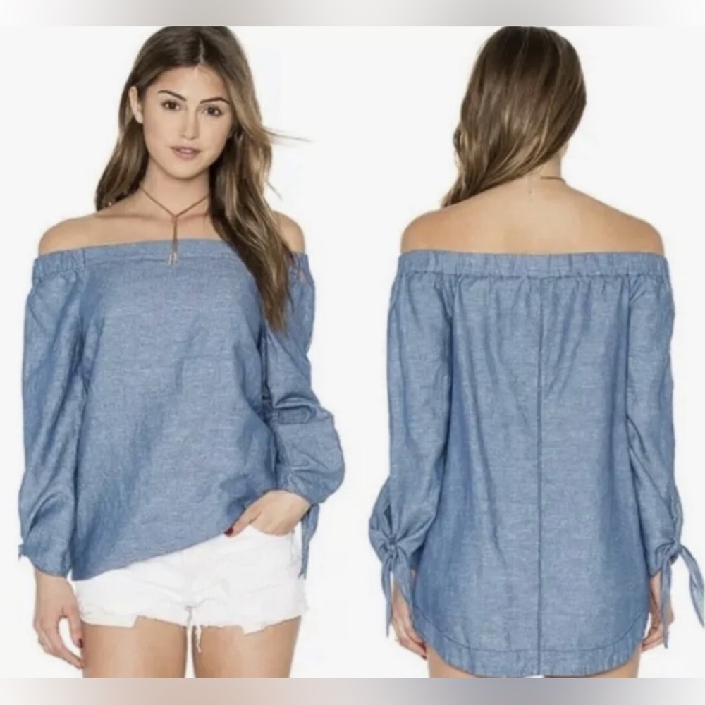 FREE PEOPLE Chambray Off Shoulder Linen Blend top size S